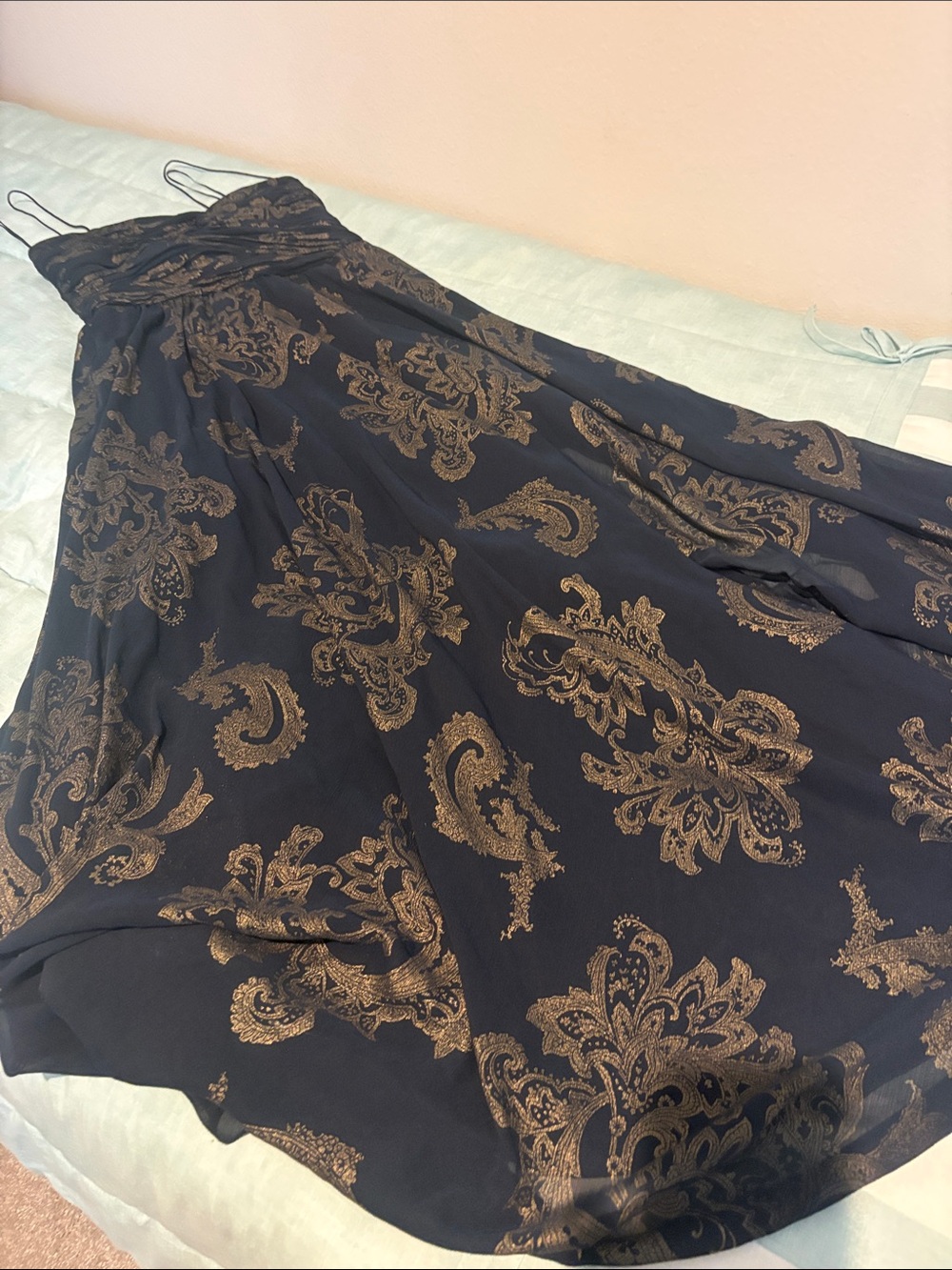 Ralph Lauren Black Maxi dress with Gold Paisley size 6 strap top 2 bottom 53” - Picture 2 of 7